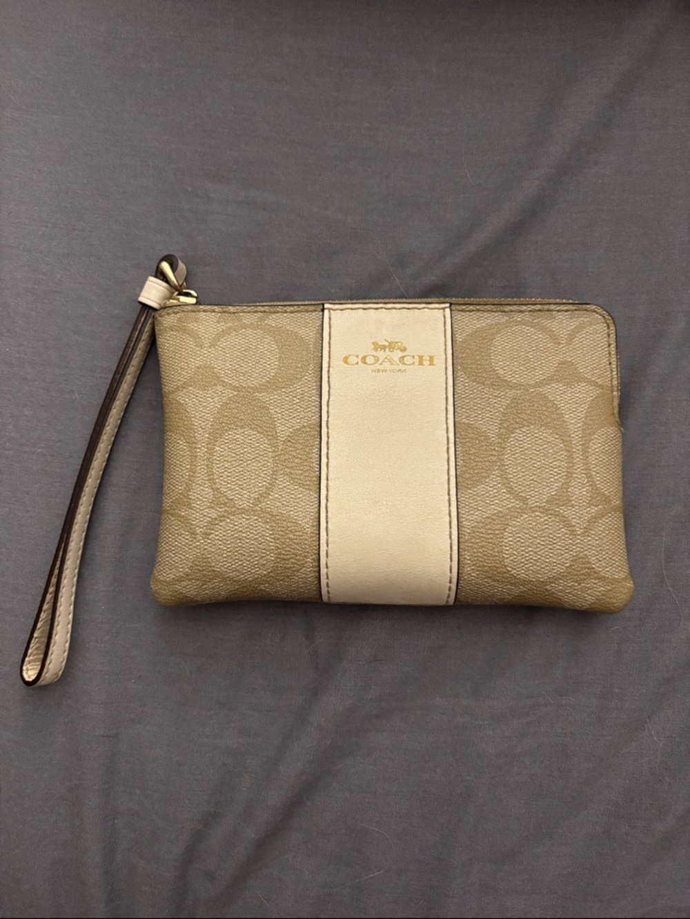 Coach Khaki and Tan Signature Stripe Wristlet